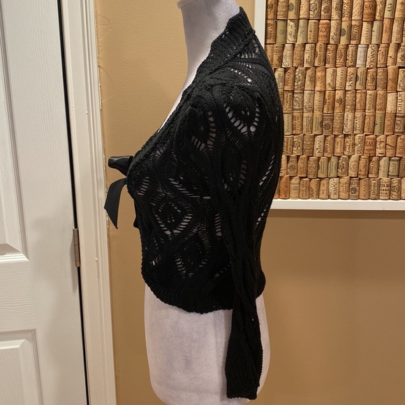 Le Chat Paris. Short Black Open Knit Cardigan with Satin Bow for Closure - Picture 4 of 12
